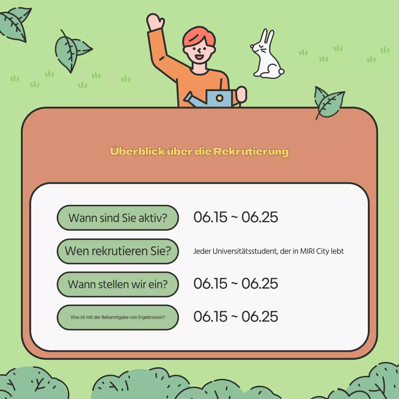 Förderung der Anwerbung von Freiwilligen in den Farben Grün und Chartreuse für den Umweltschutz an Universitäten.