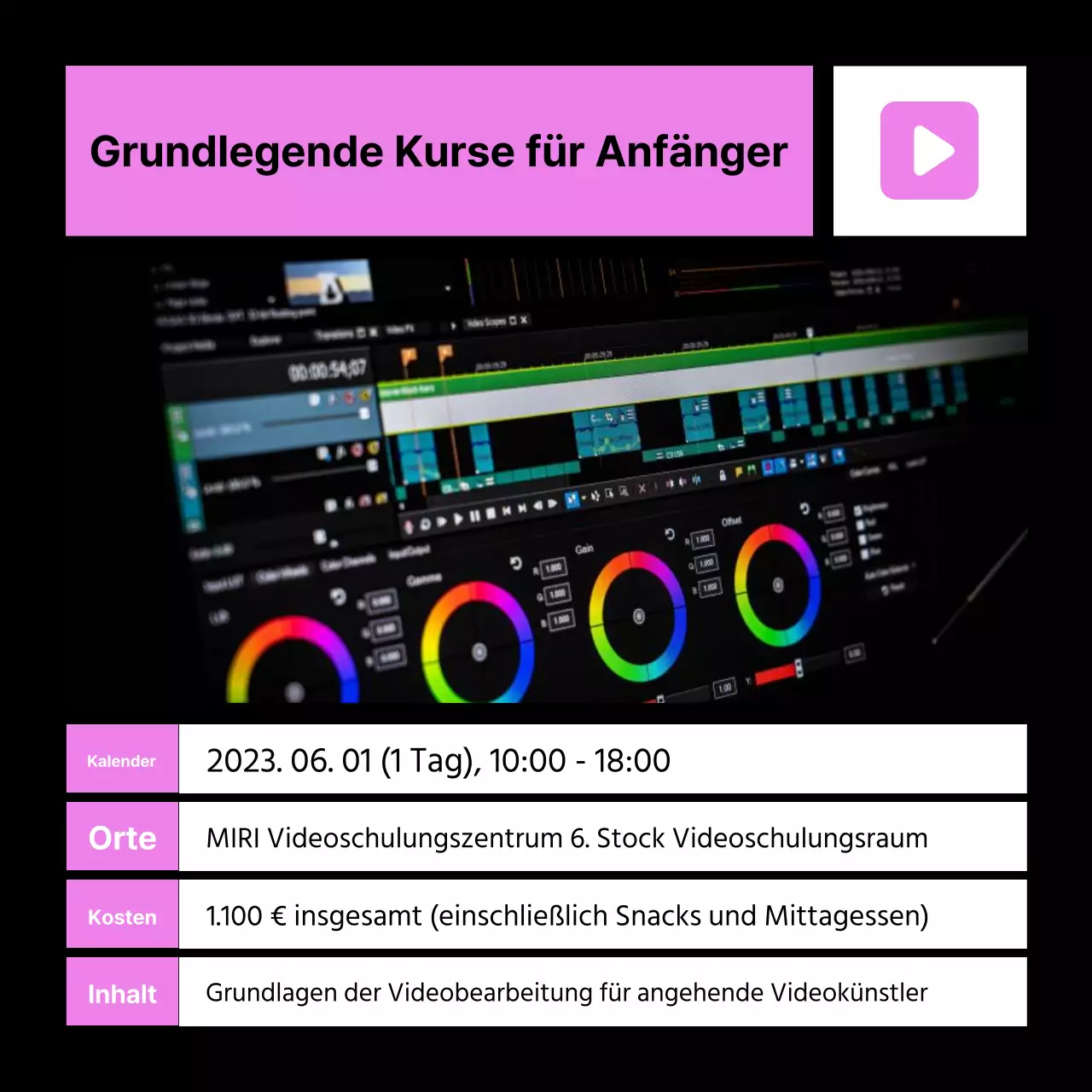 Werben Sie für Ihren Videobearbeitungskurs in Rosa und Blau