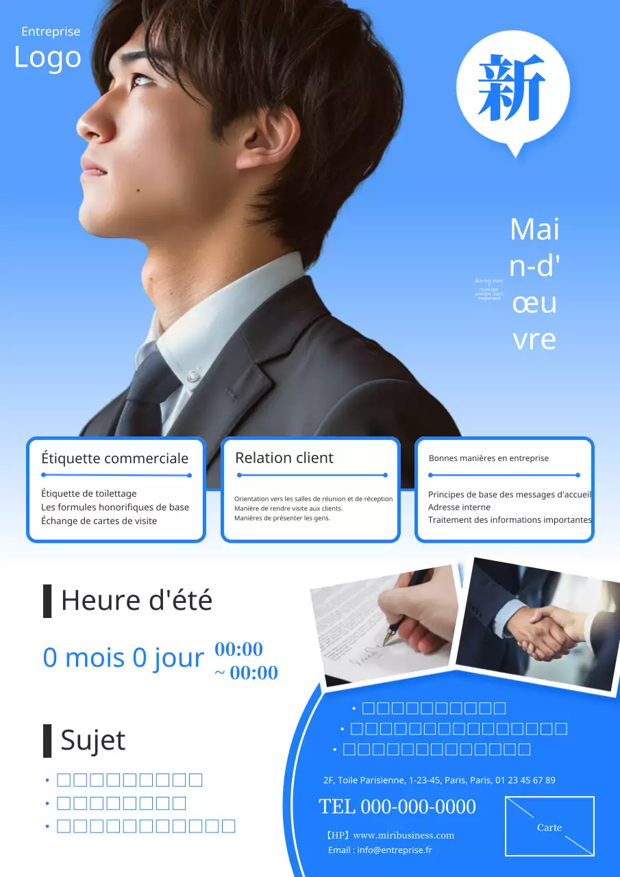 Publicité simple et moderne pour un cours d'étiquette professionnelle en bleu clair