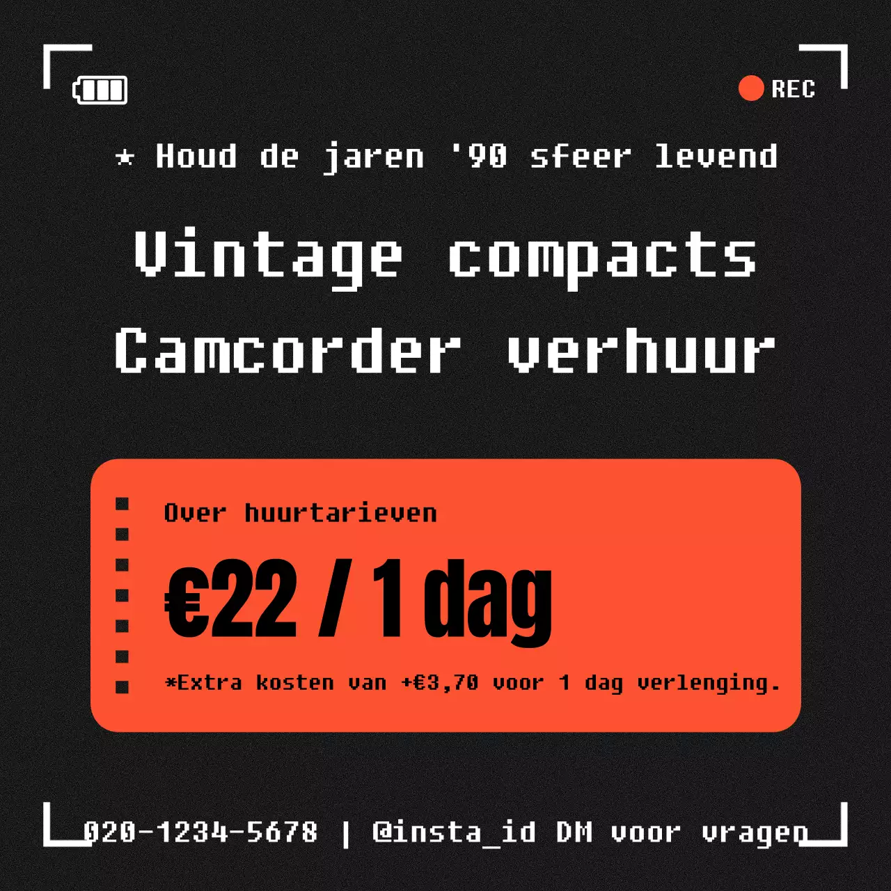 Vintage zwart en oranje camcorder verhuur advertentie