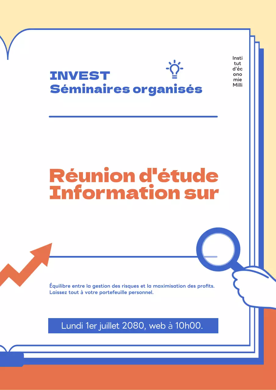Dépliant du séminaire sur les portefeuilles d'investissement avec des éléments bleus et orange