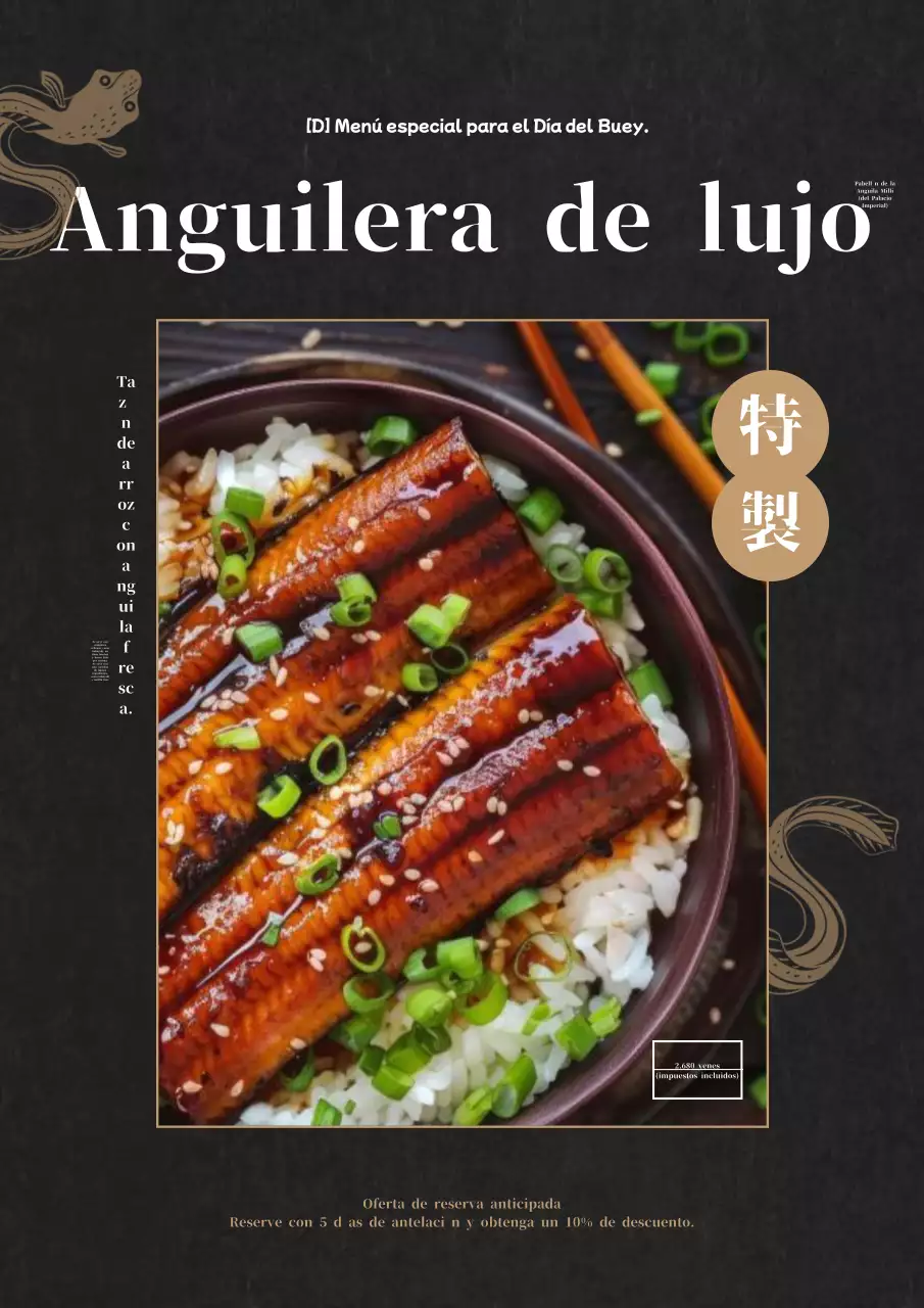 Promoción de un magnífico plato de anguila negro y marrón sólo en verano.