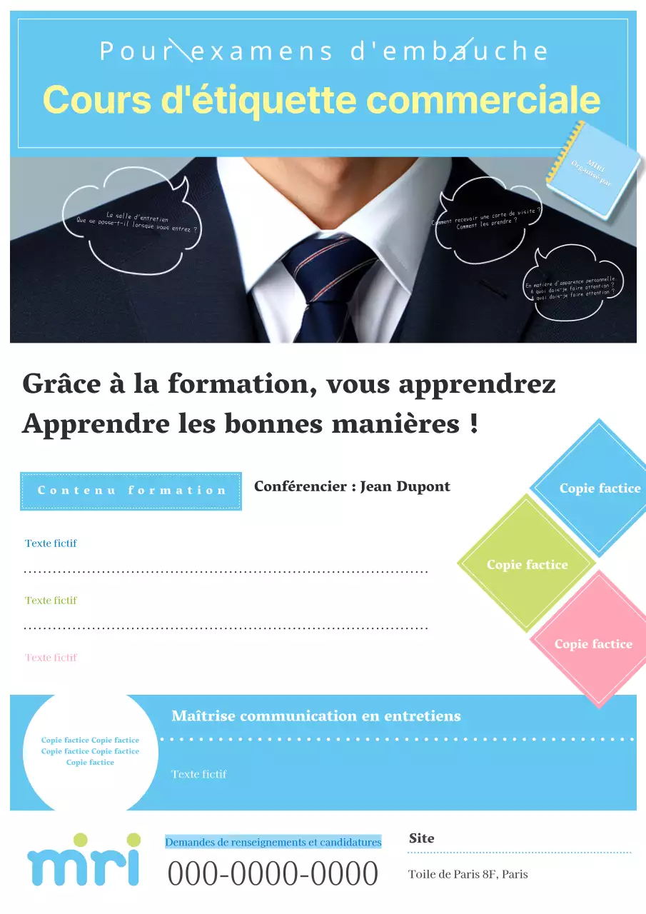 Annonce d'un cours d'étiquette commerciale de base et moderne en bleu clair