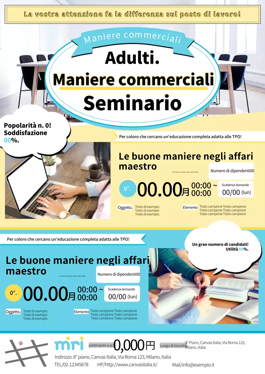 Annuncio di seminario sul galateo degli affari di base e moderno in giallo e azzurro