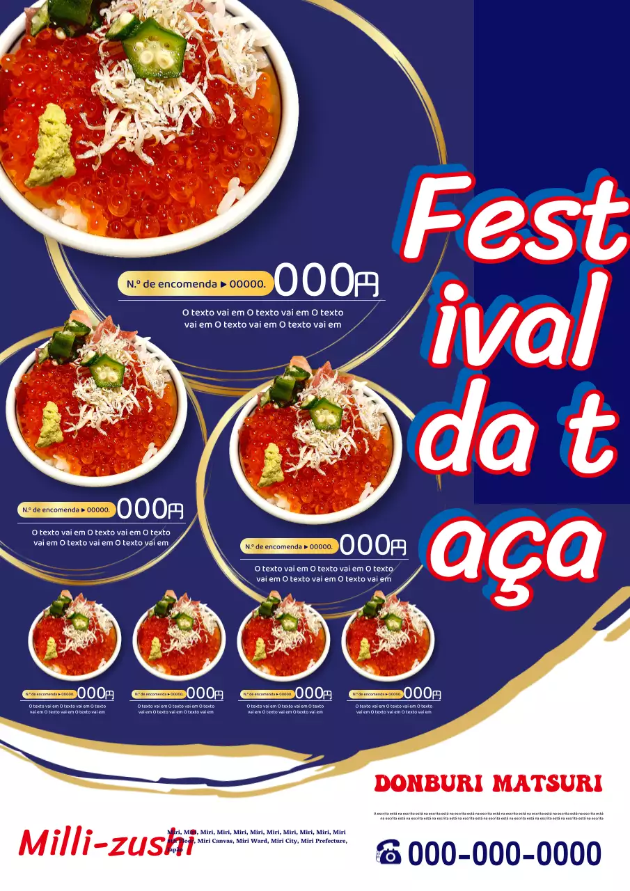Anúncio simples e fixe do menu do festival Donburi em azul
