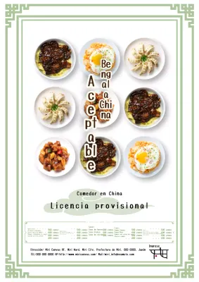 Anuncio sencillo y tradicional de un restaurante chino en blanco y verde