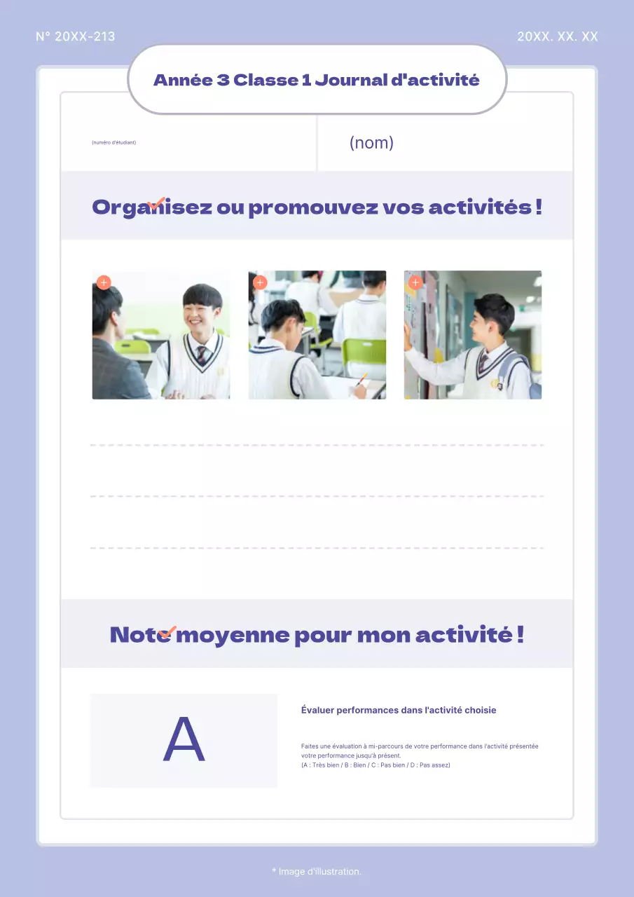 Un rapport d'activité simple sur les caractéristiques d'une salle de classe en violet et rouge
