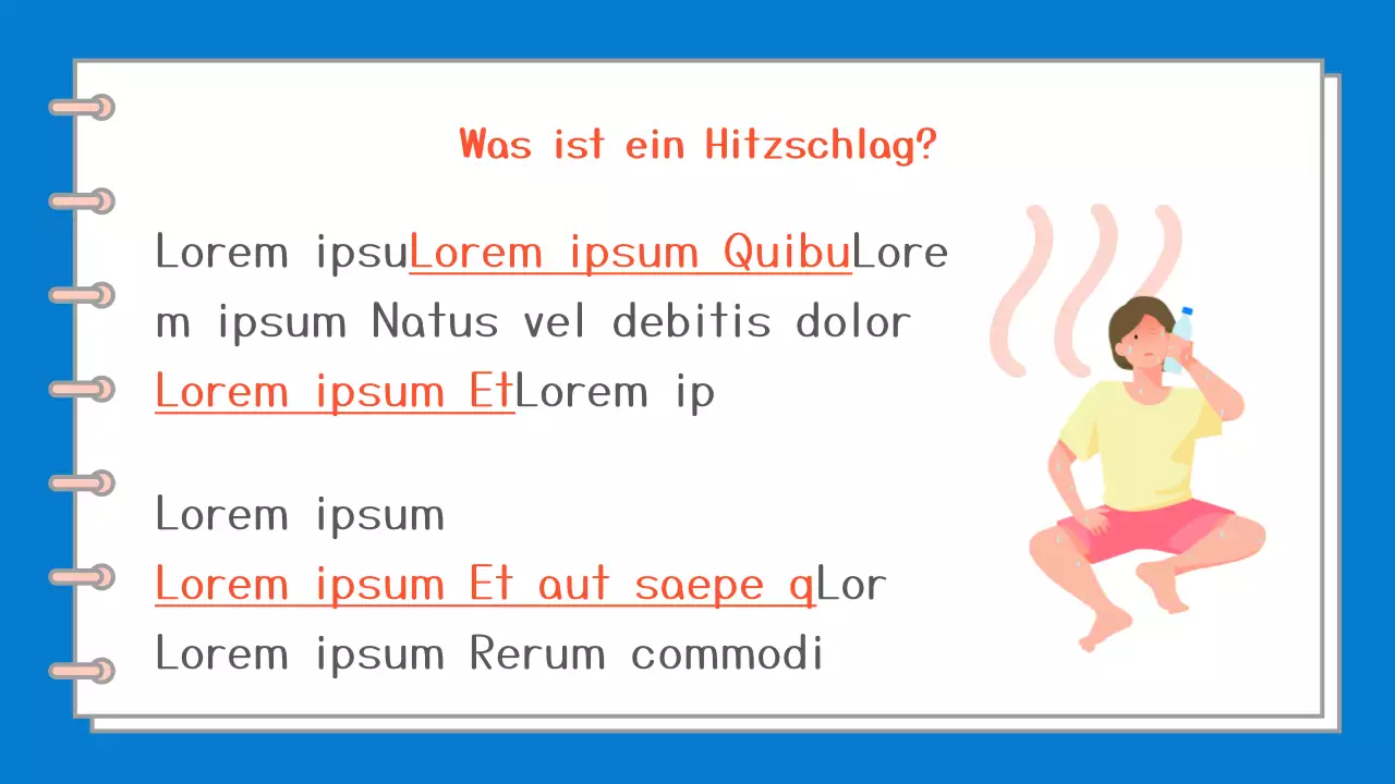 Ein einfacher blau-weißer Leitfaden über die Symptome und die Behandlung eines Hitzschlags.