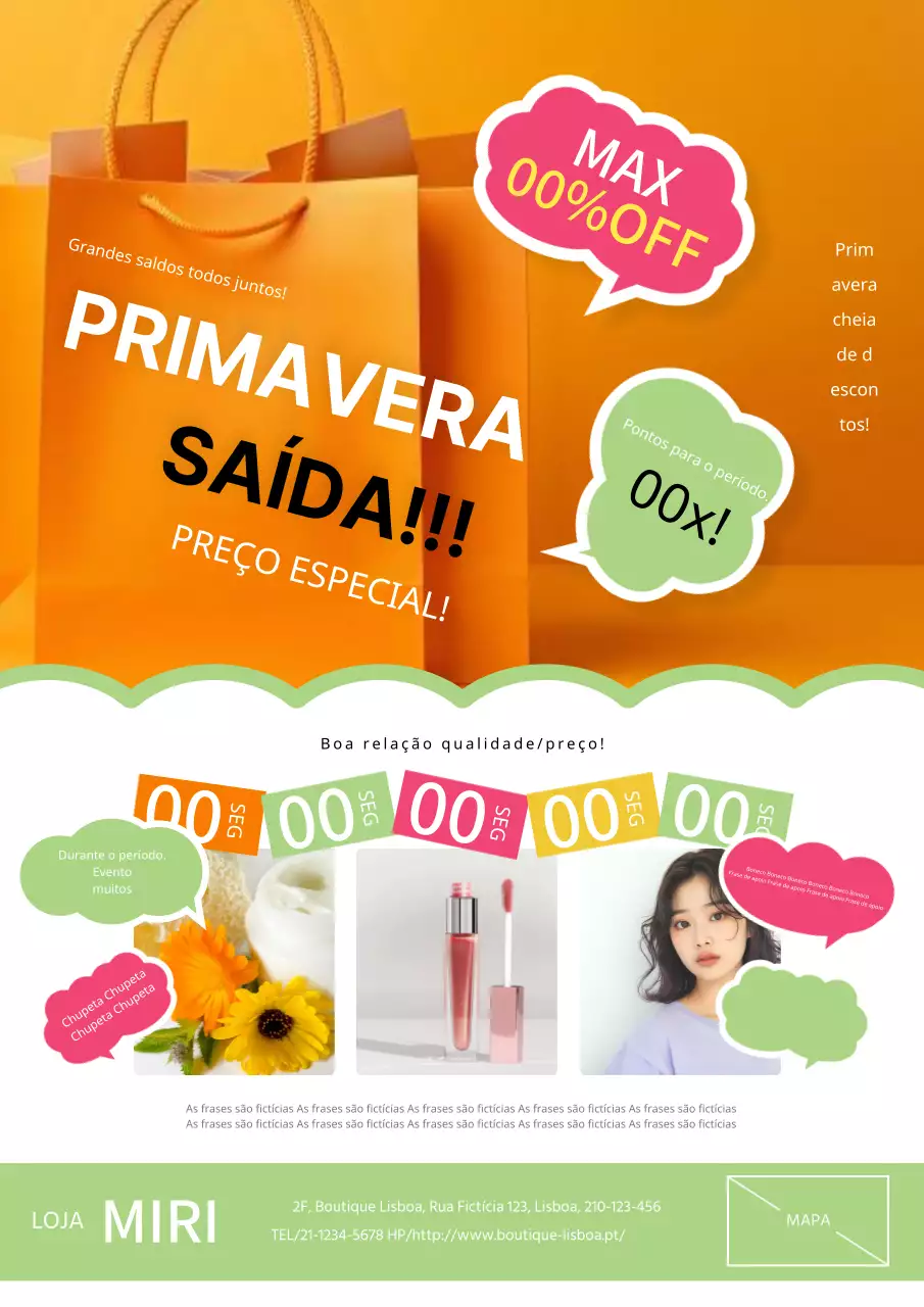 Anúncio de saldos de primavera em laranja e verde