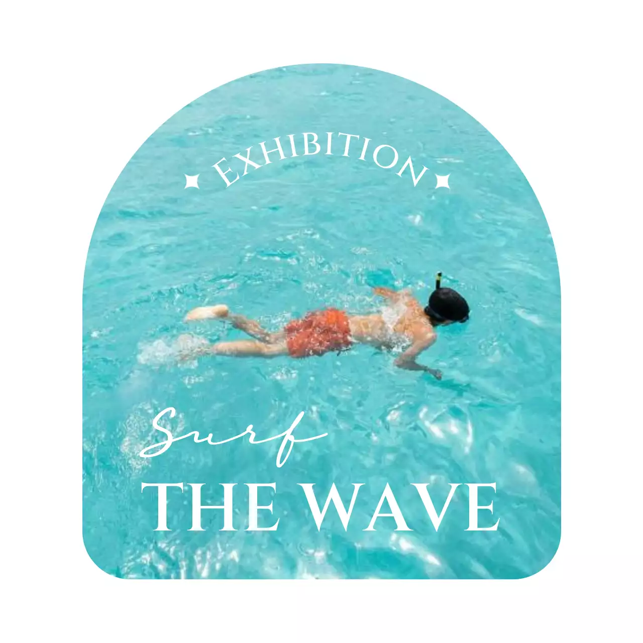 丸いアーチ型フレームに海の写真とセリフ体で涼しげで感性的な雰囲気の展示会グッズ。