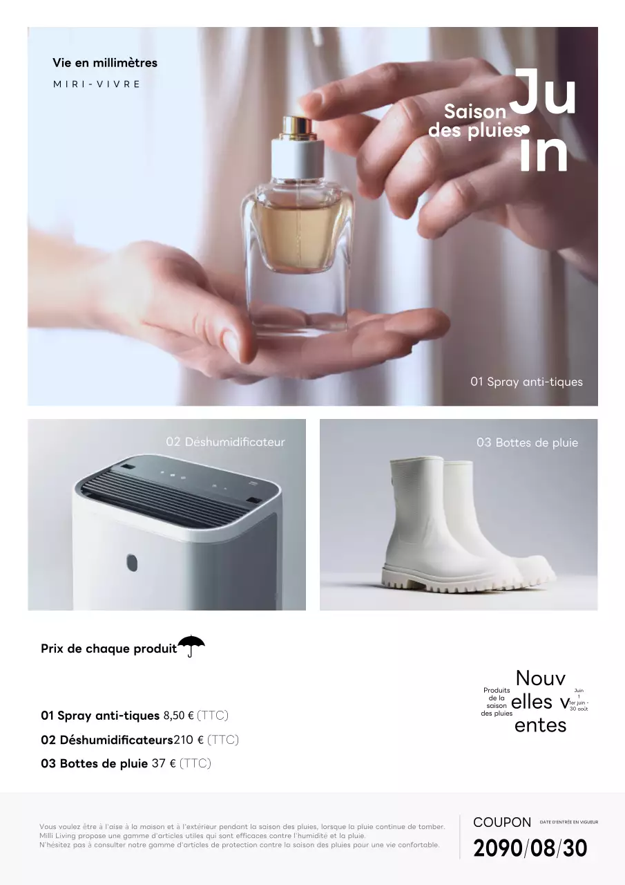 Promouvoir des articles simples, gris et blancs, pour la saison des pluies.