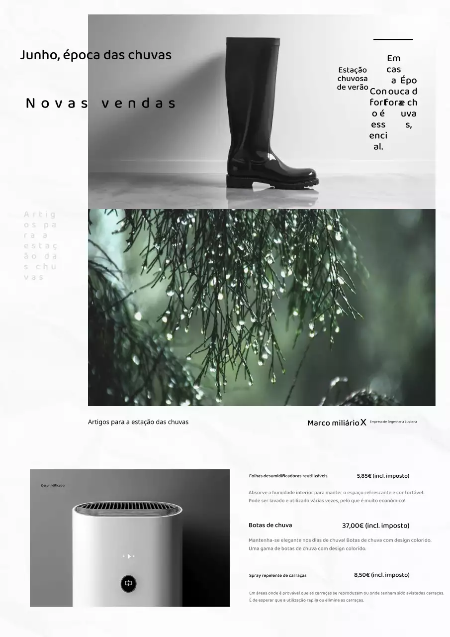 Promoção de artigos simples verdes e brancos para a época das chuvas