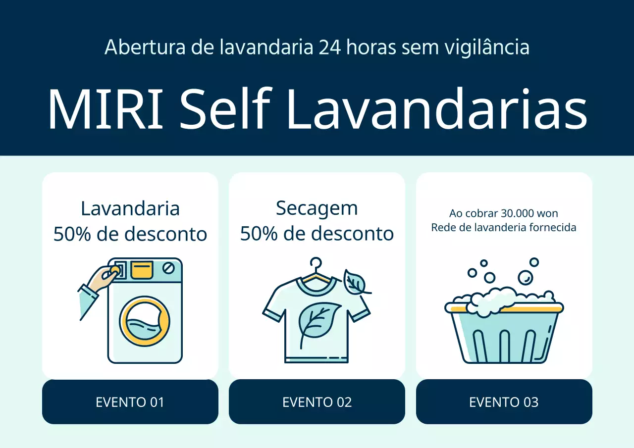 Anúncio simples de lavandaria self-service em azul claro e azul marinho
