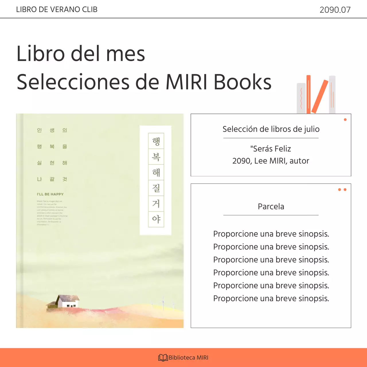 Promover un programa de divulgación del club de lectura de la biblioteca en naranja y blanco kitsch.