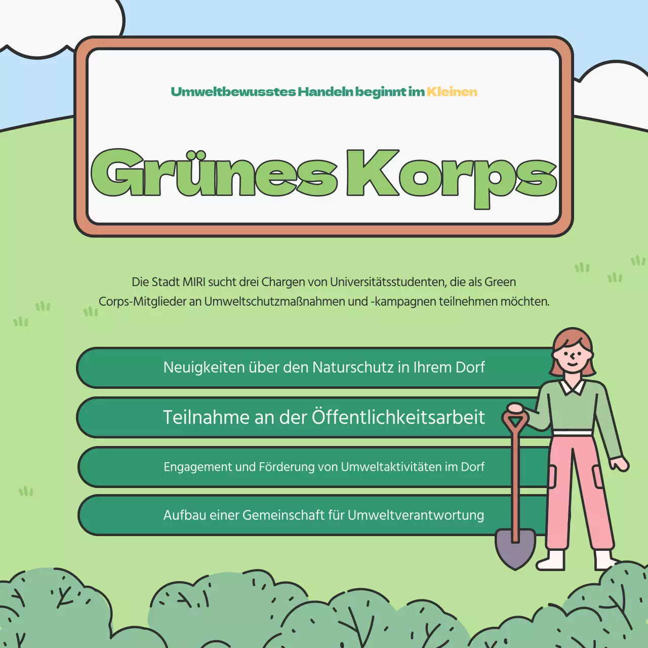 Förderung der Anwerbung von Freiwilligen in den Farben Grün und Chartreuse für den Umweltschutz an Universitäten.