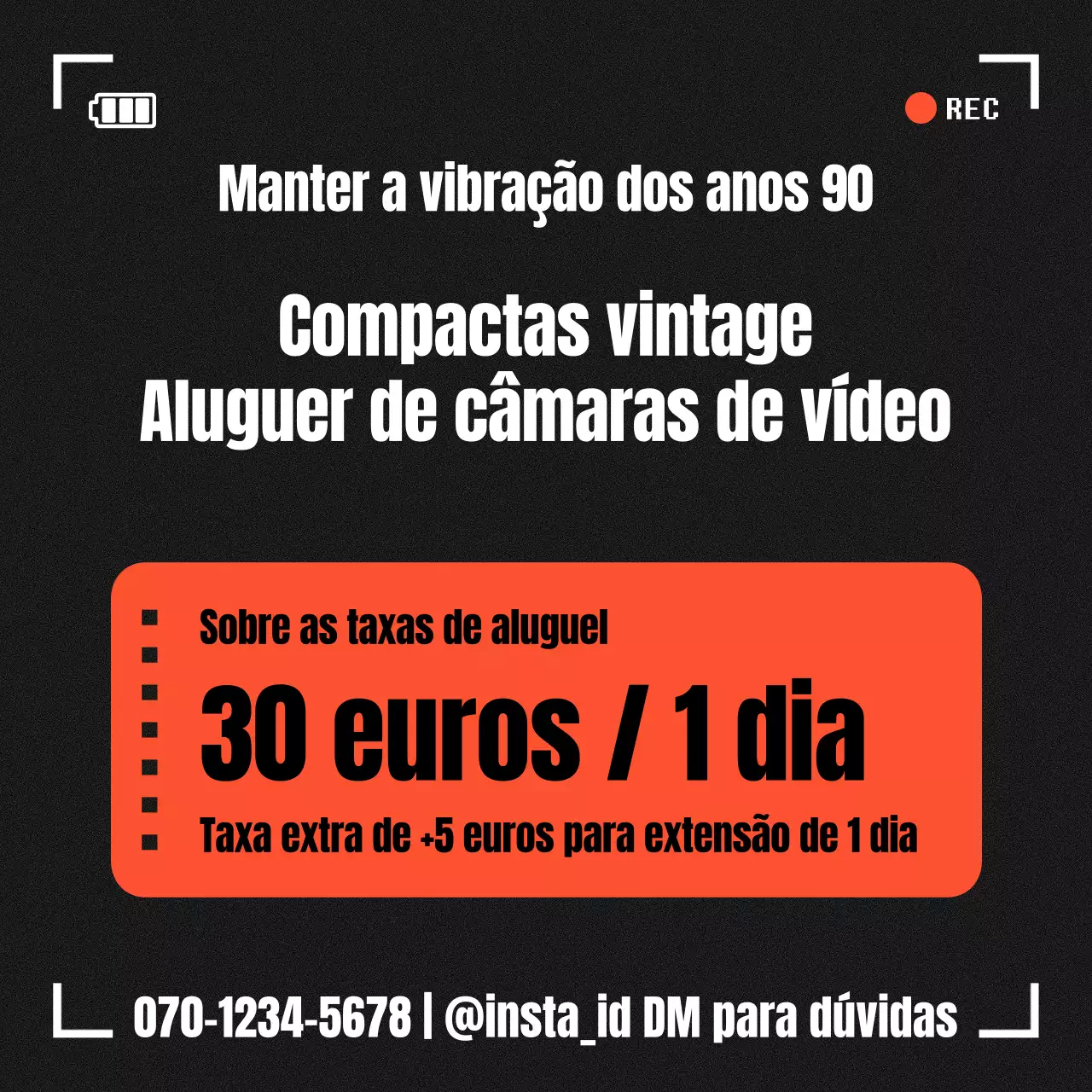 Anúncio vintage de aluguer de câmaras de vídeo a preto e laranja
