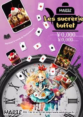 Une publicité simple et colorée sur les prix des buffets avec une illustration d'Alice au pays des merveilles.