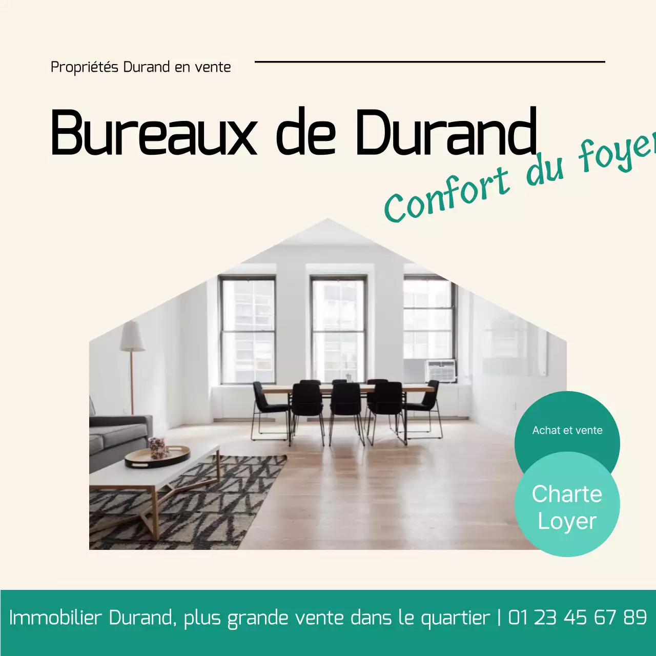 Annonce de vente d'une propriété moderne en ivoire et menthe