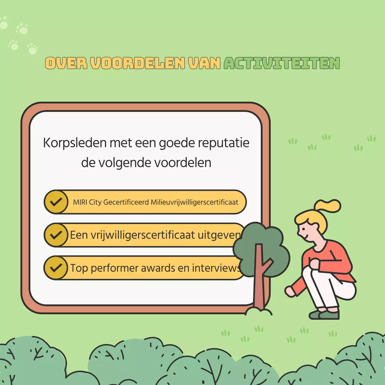 Bevorder de werving van groene en chartreuse gekleurde universitaire milieuvrijwilligers.