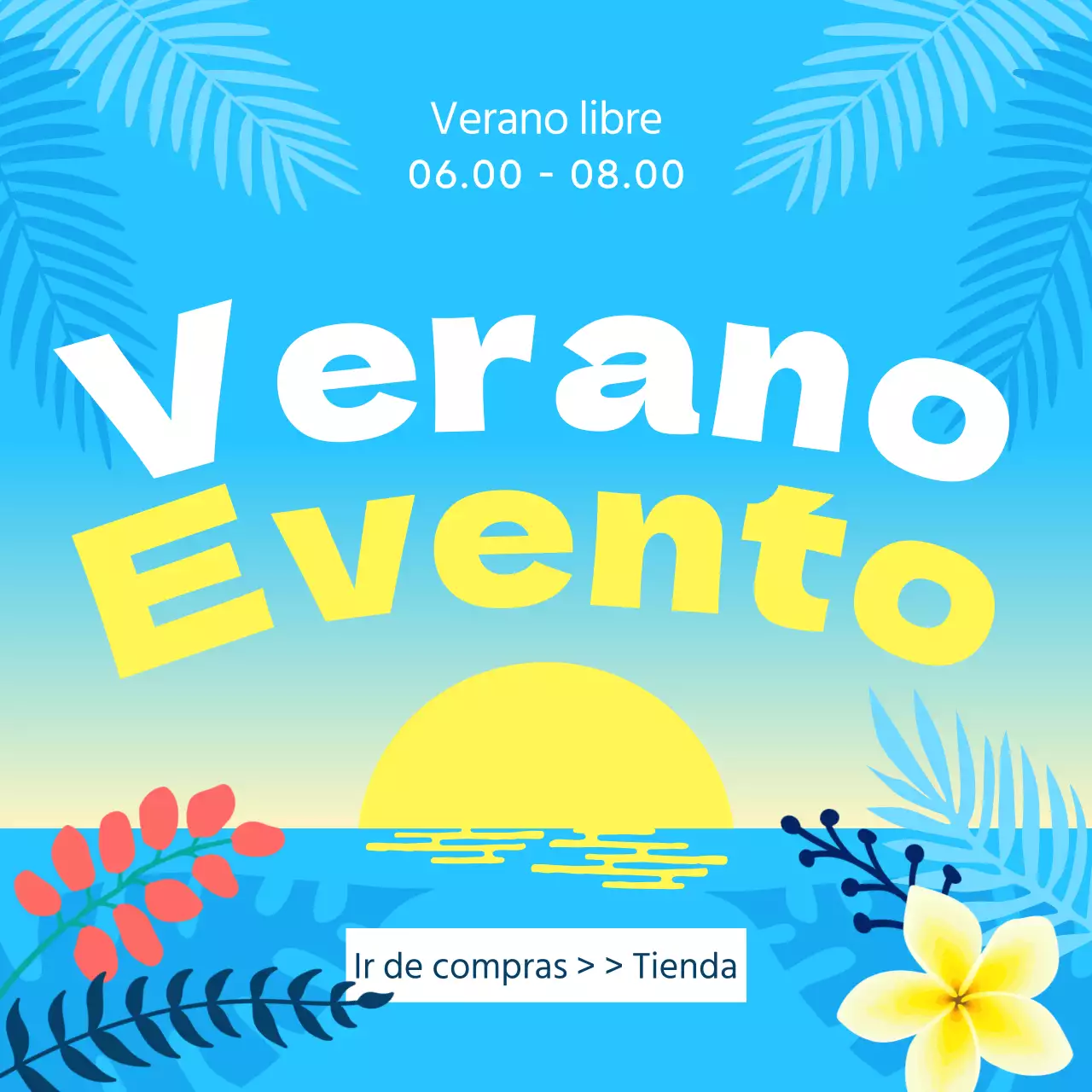 Guía de rebajas de verano tropical en azul claro y amarillo