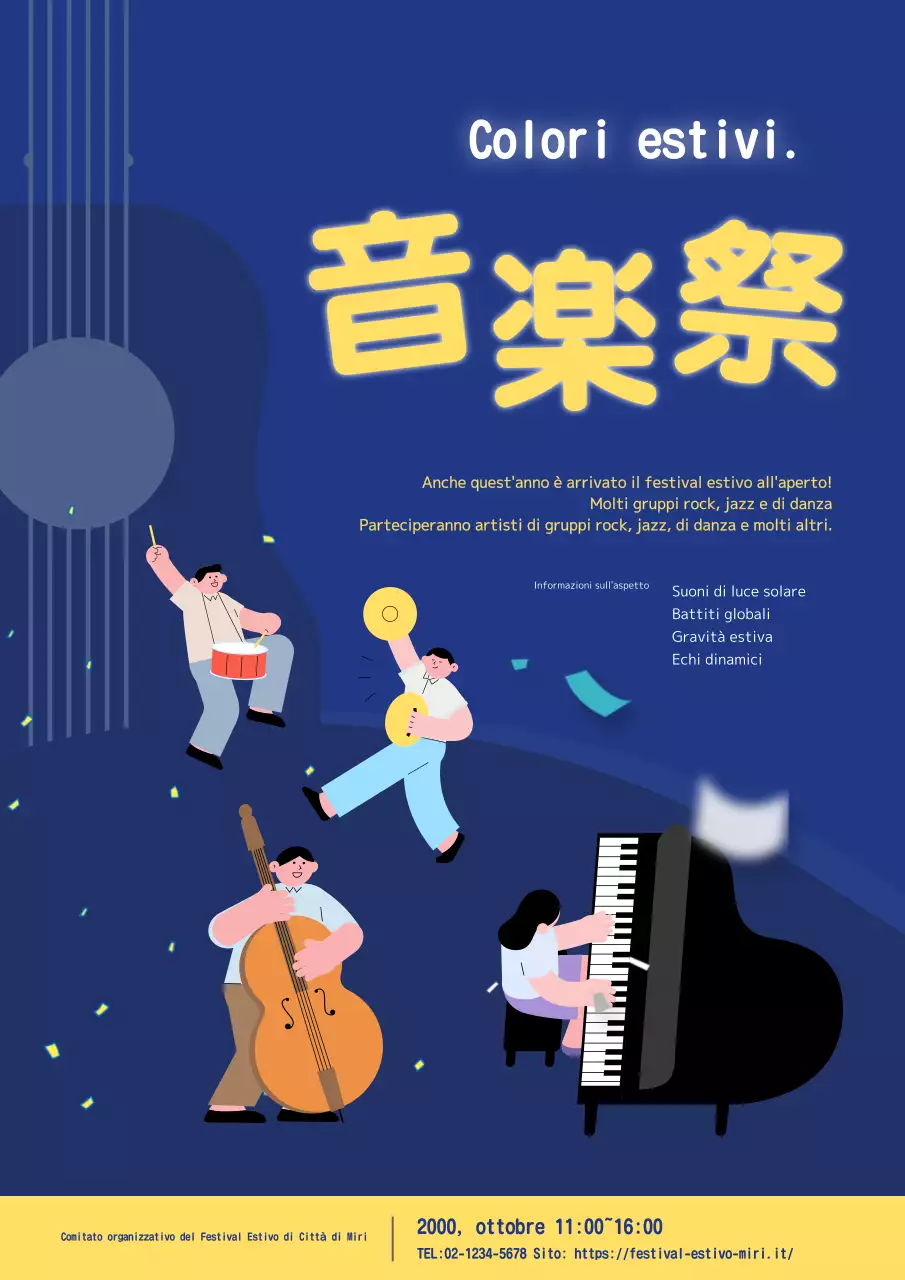 Annuncio di un bel festival estivo giallo e indaco.