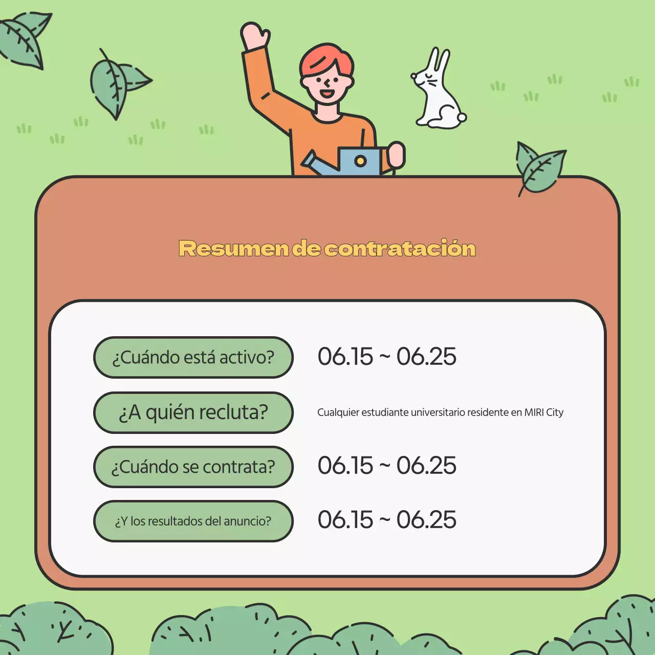 Promover la captación de voluntarios medioambientales universitarios de color verde y chartreuse.