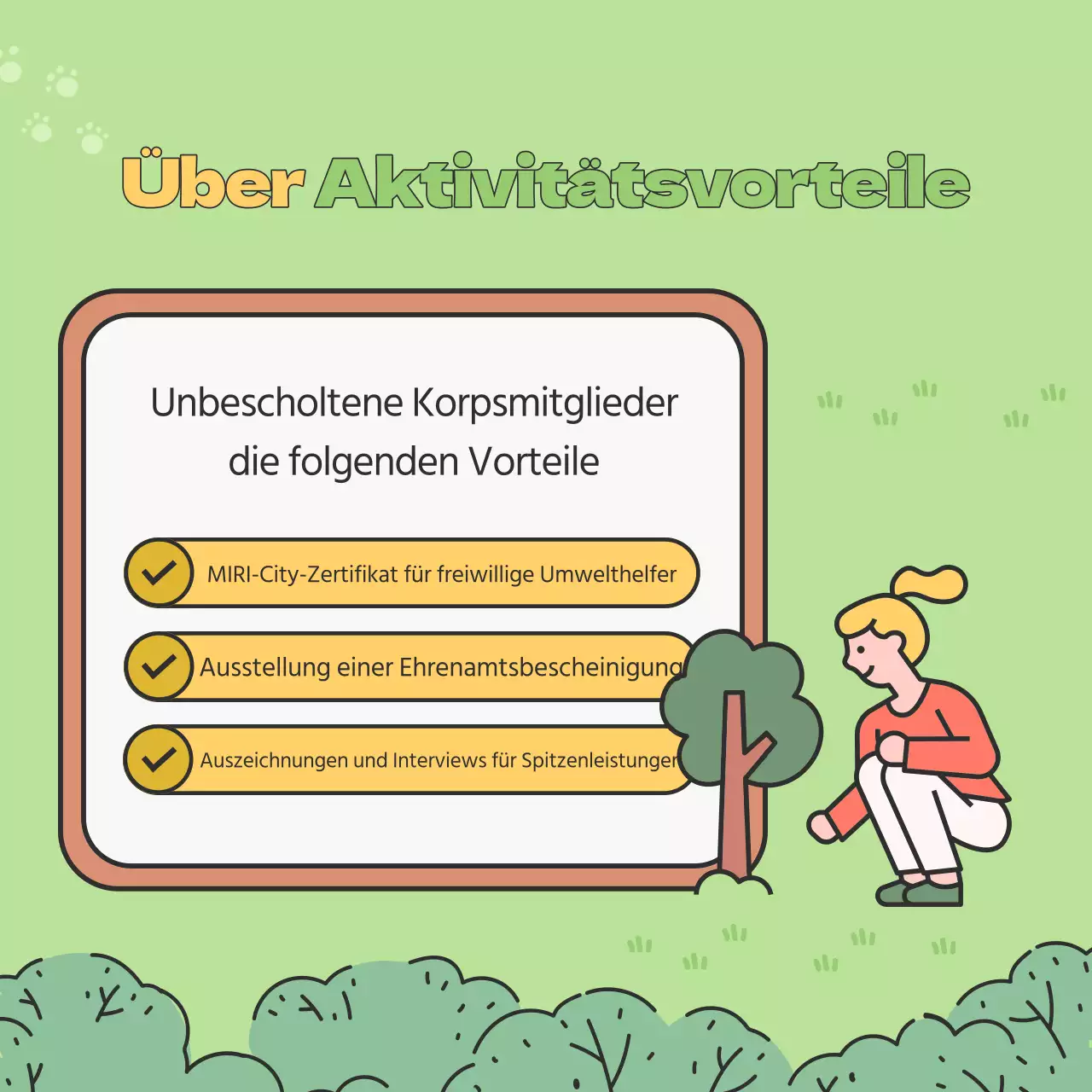 Förderung der Anwerbung von Freiwilligen in den Farben Grün und Chartreuse für den Umweltschutz an Universitäten.