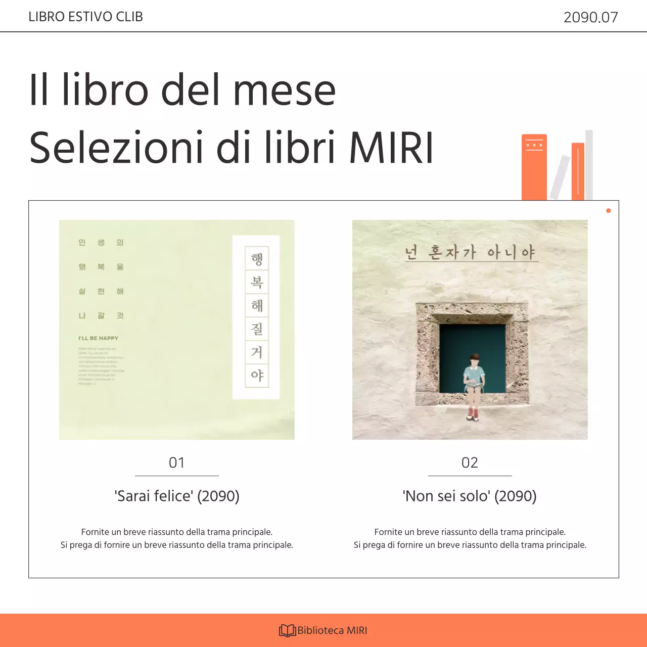 Promuovere un programma di sensibilizzazione per il club del libro della biblioteca in bianco e arancione kitsch