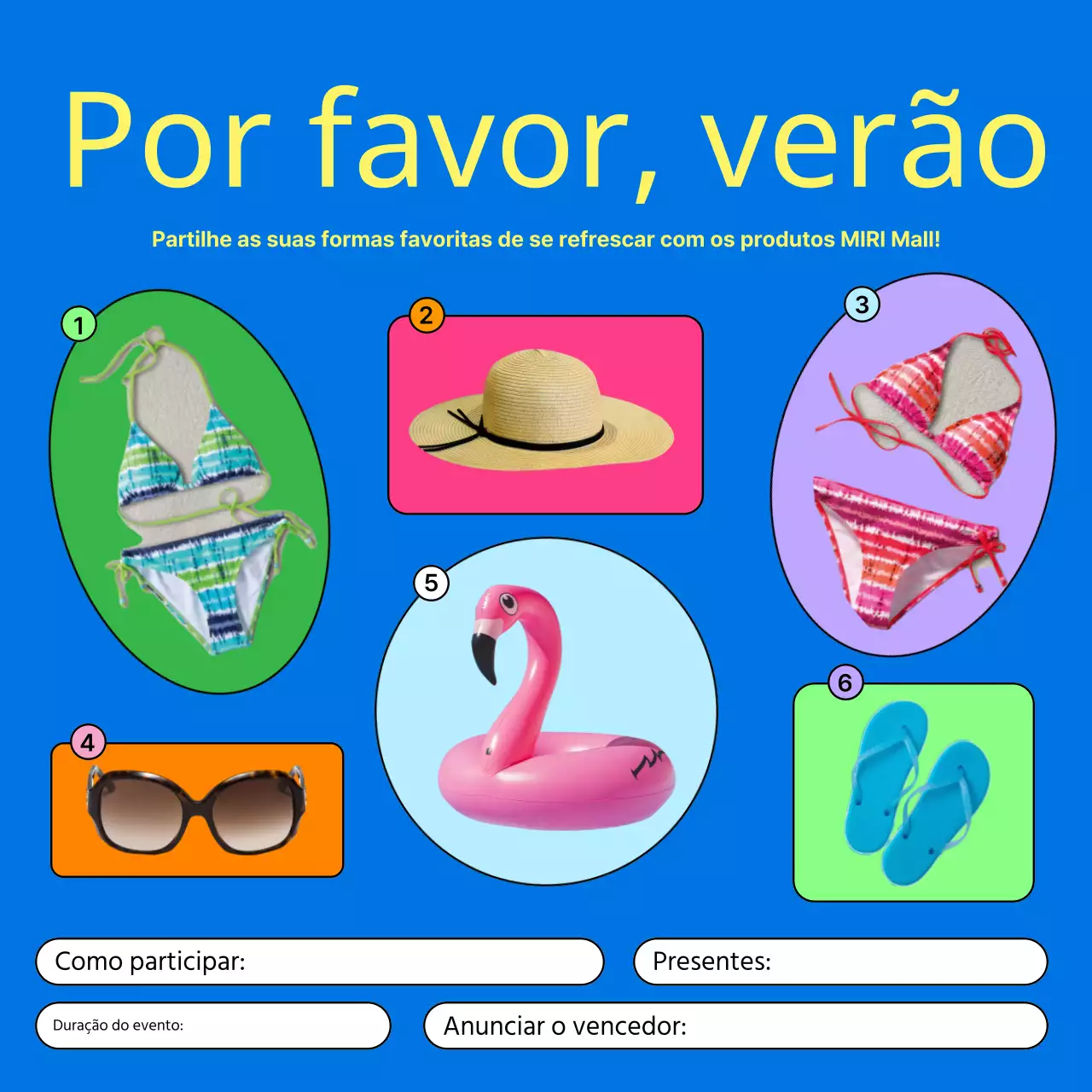 Promover um evento de verão kitsch em azul e amarelo