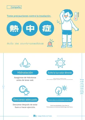 Folleto sencillo en azul y amarillo sobre el golpe de calor.