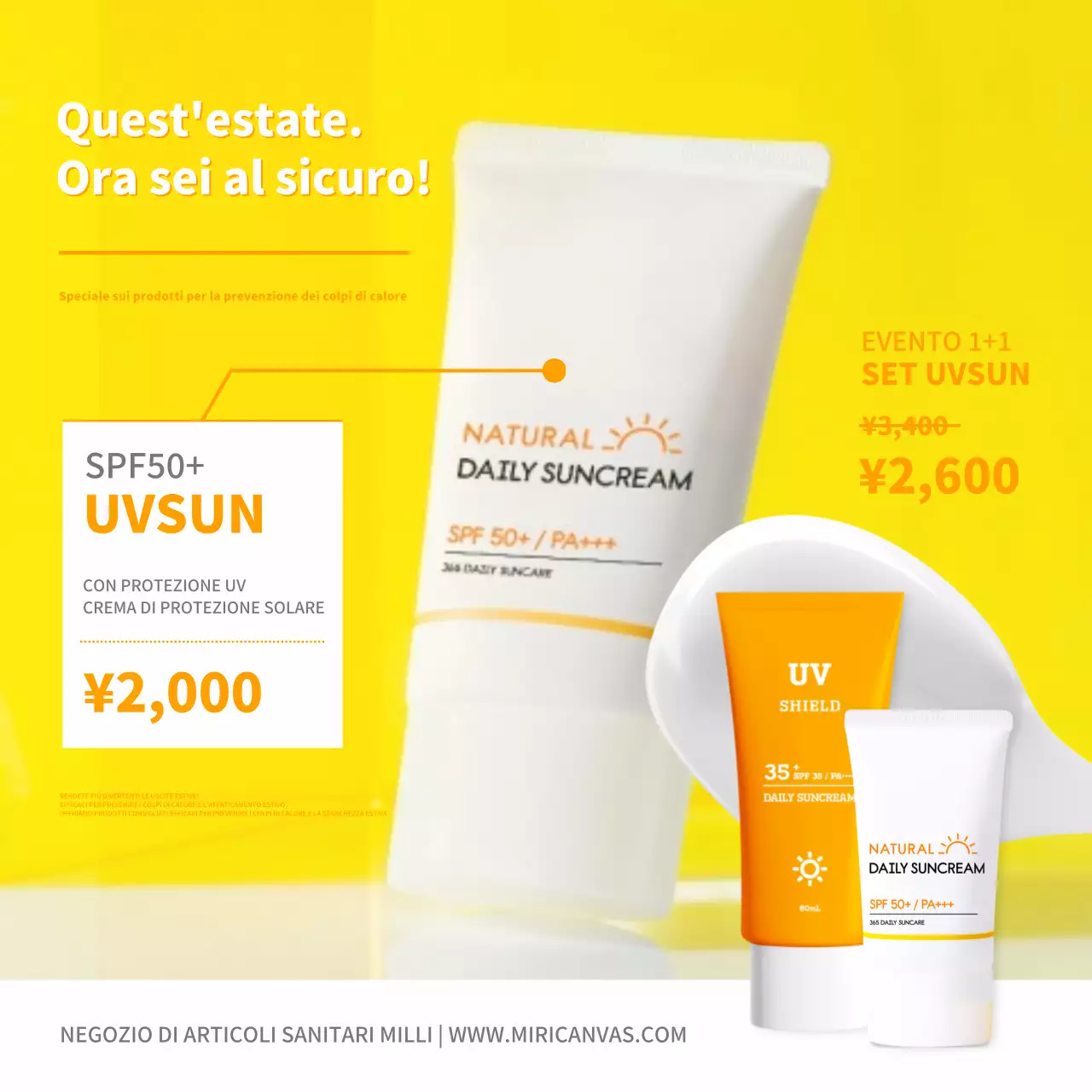 Pubblicità di sconti sulla protezione solare estiva semplice, gialla e bianca.