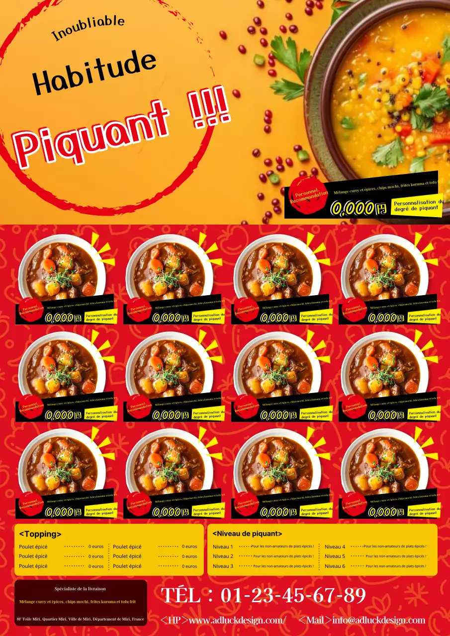 Une publicité colorée et basique pour la livraison de curry, en rouge et orange !