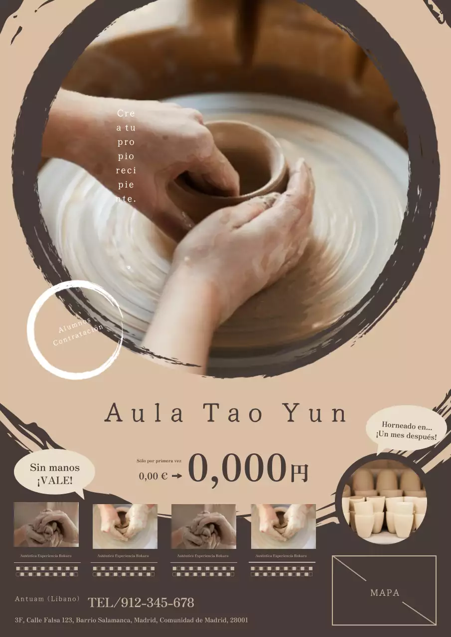 Un anuncio clásico y sencillo para una clase de alfarería en colores marfil y marrón.
