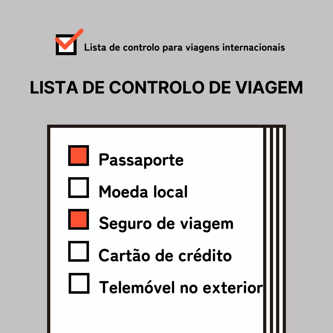 Um guia simples a cinzento e laranja para listas de verificação de viagens internacionais
