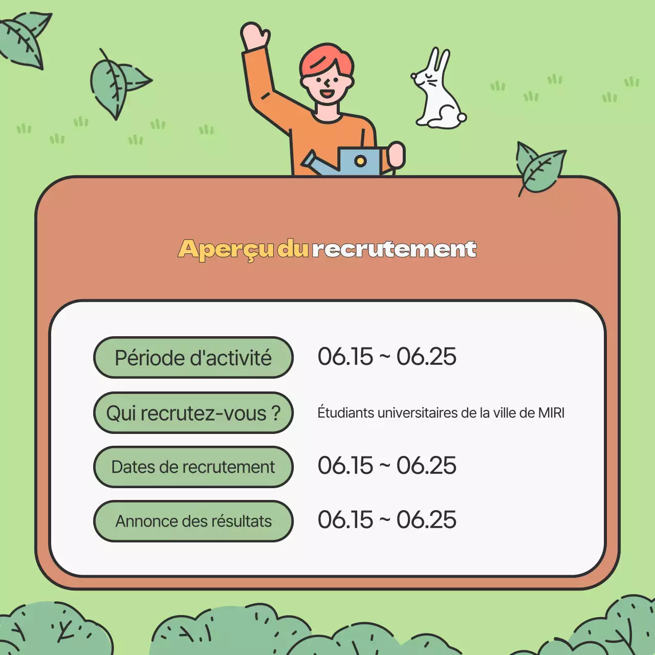 Promouvoir le recrutement d'étudiants universitaires volontaires pour l'environnement, de couleur verte ou chartreuse.