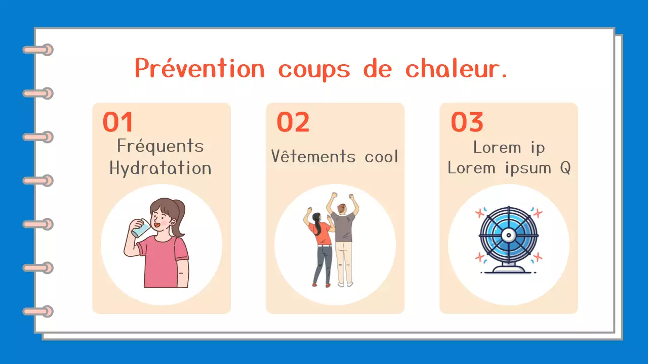 Un guide simple, en bleu et blanc, sur les symptômes et le traitement des coups de chaleur.
