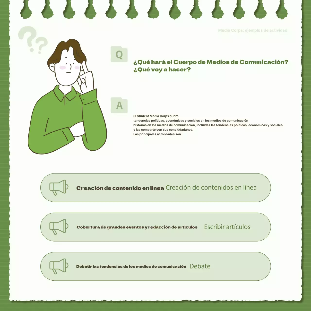 Reclutamiento sencillo de estudiantes de periodismo en verde y caqui