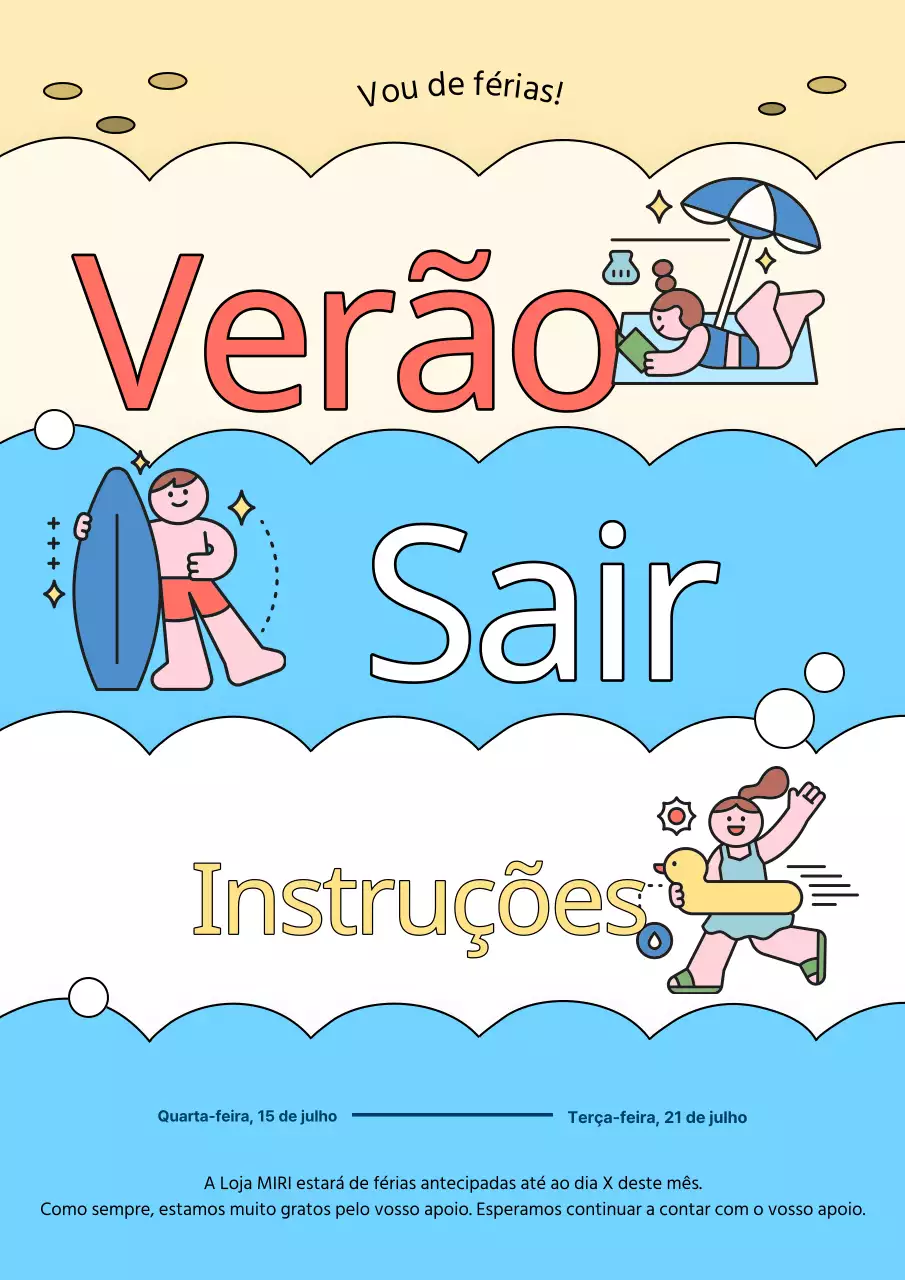 Anúncio de férias de verão em azul claro e amarelo