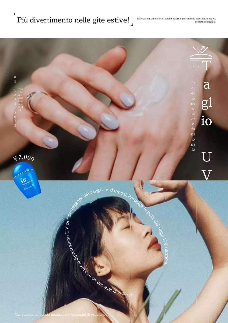 Informazioni sui prodotti sanitari estivi minimalisti in bianco e blu.