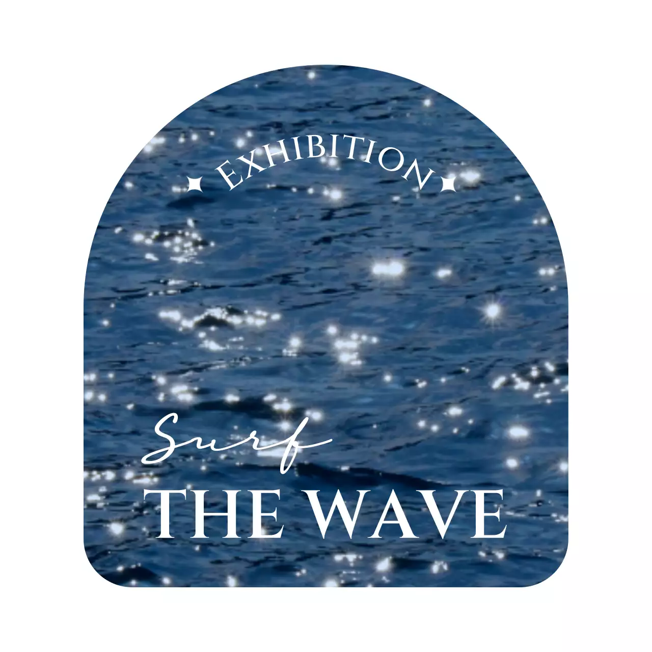 Cool, sentimental trade show merchandise with ocean photos and serif fonts in a round arched frame.