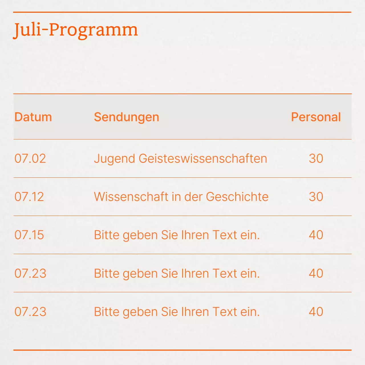 Eine einfache orangefarbene Werbung für eine Vorlesung über junge Geisteswissenschaften.