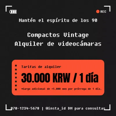 Anuncio vintage de alquiler de videocámaras en negro y naranja