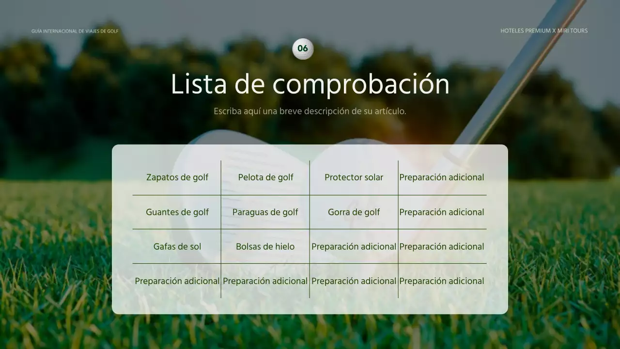 Guía sencilla de vacaciones de golf en verde y amarillo