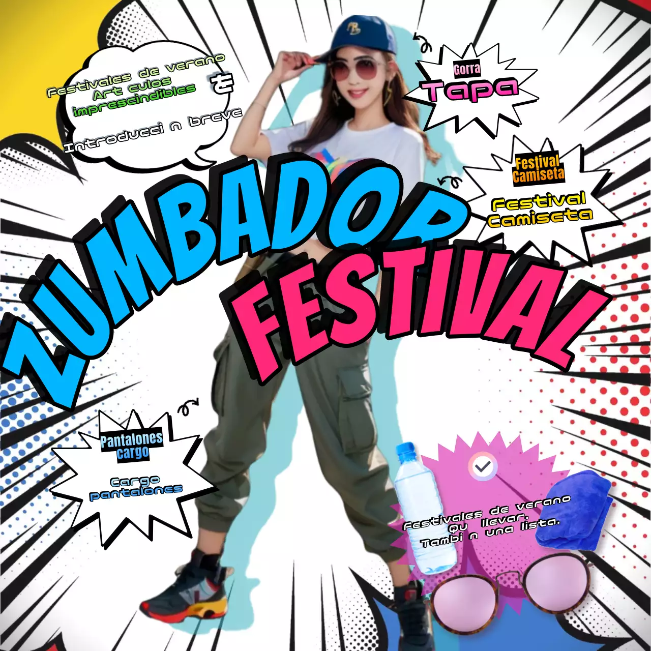 Conjuntos para festivales de verano y qué ponerse y llevar para las publicaciones en redes sociales con énfasis en el rosa y el azul.