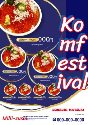 Eenvoudige en coole Donburi festival menureclame in blauw