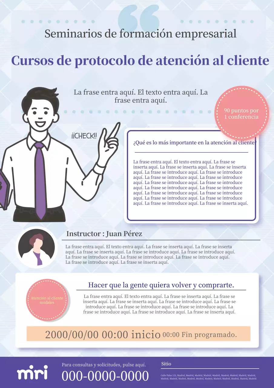 Moderno y sencillo anuncio de curso de etiqueta de atención al cliente en azul claro y azul.