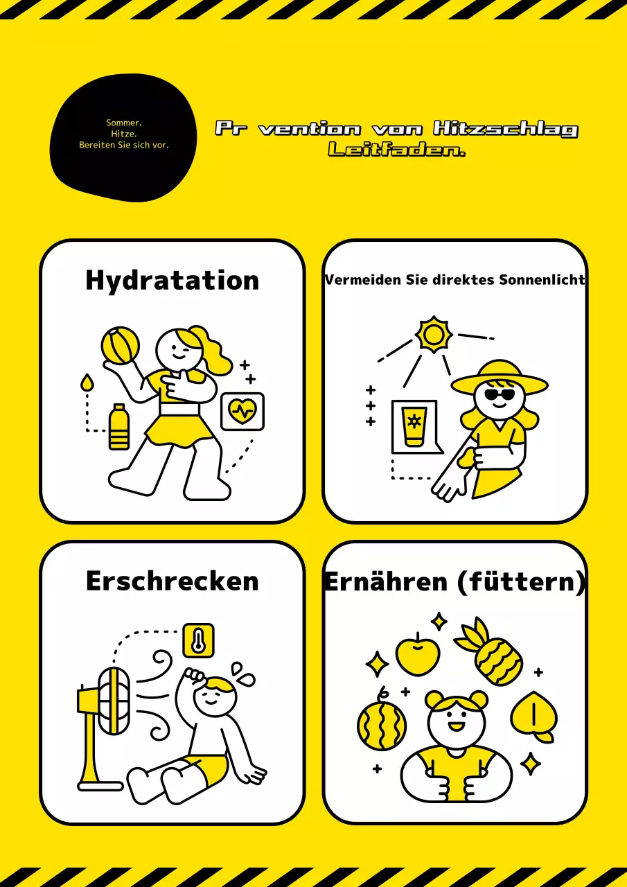 Einfache Informationen zur Vorbeugung von Hitzeschlag in Gelb und Schwarz