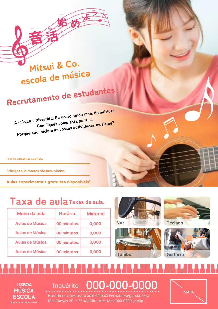 Anúncio de escola de música bonito e brilhante em cor-de-rosa