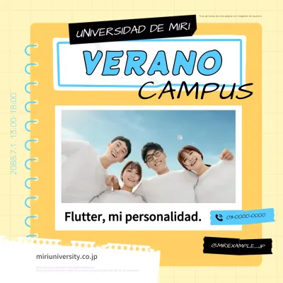 Promoción de un moderno evento universitario de puertas abiertas en amarillo y azul claro.