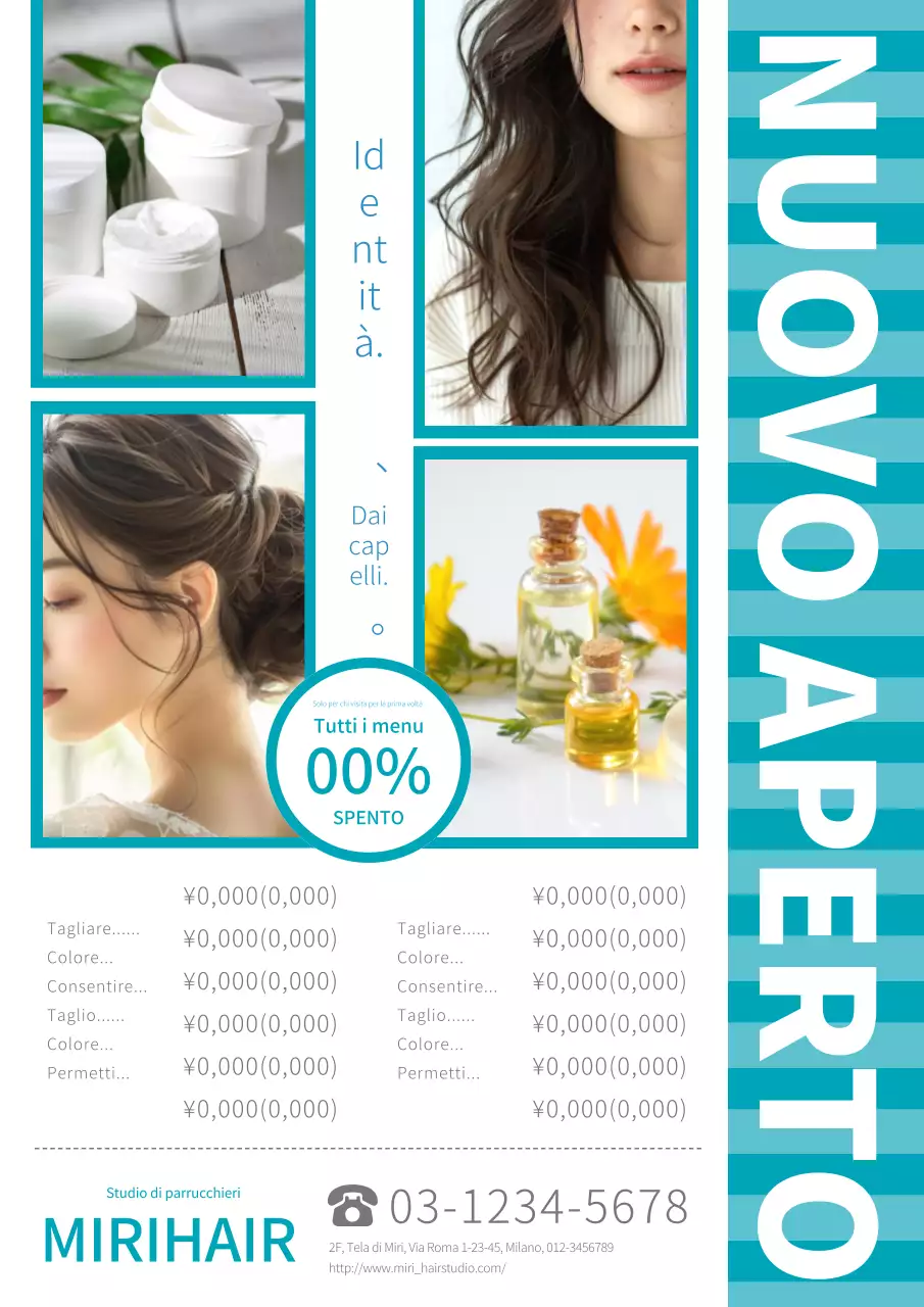 Pubblicità moderna ed elegante di un salone di parrucchieri in blu e bianco